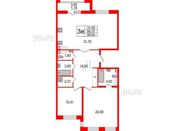 Квартира в ЖК Modum, 2 комнатная, 89.55 м², 3 этаж