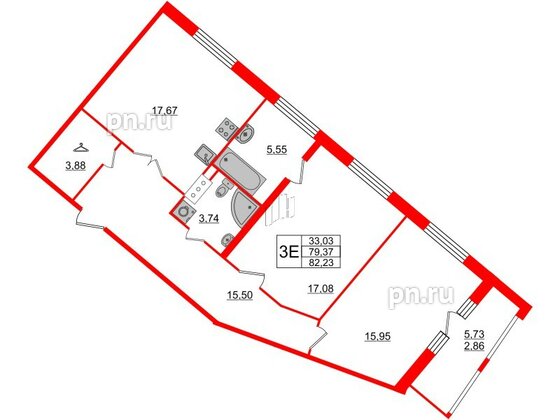 Квартира в ЖК Modum, 2 комнатная, 82.23 м², 3 этаж