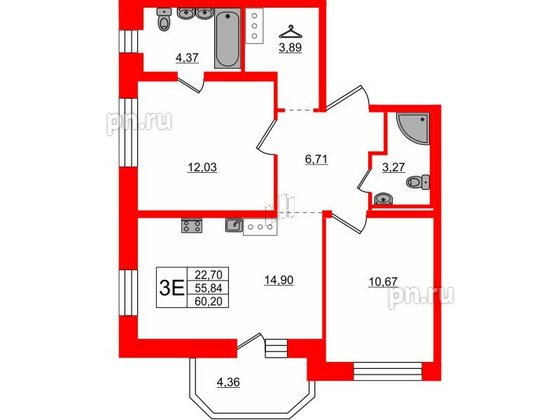 Квартира в ЖК «Северный», 2 комнатная, 55.84 м², 15 этаж