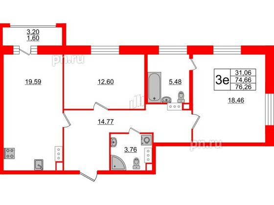 Квартира в ЖК Modum, 2 комнатная, 76.26 м², 6 этаж