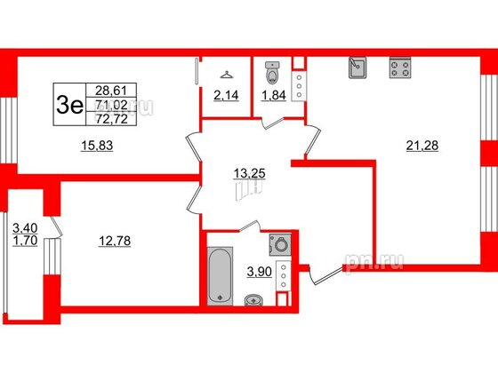 Квартира в ЖК Modum, 2 комнатная, 72.72 м², 3 этаж