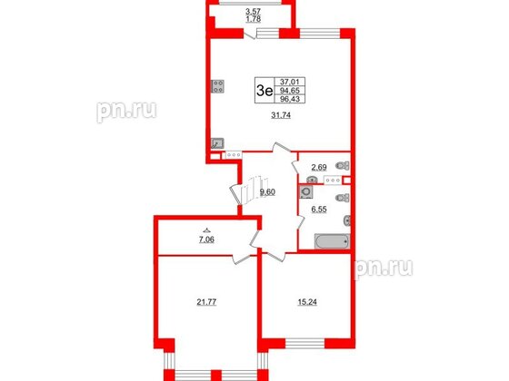 Квартира в ЖК Modum, 2 комнатная, 96.43 м², 3 этаж