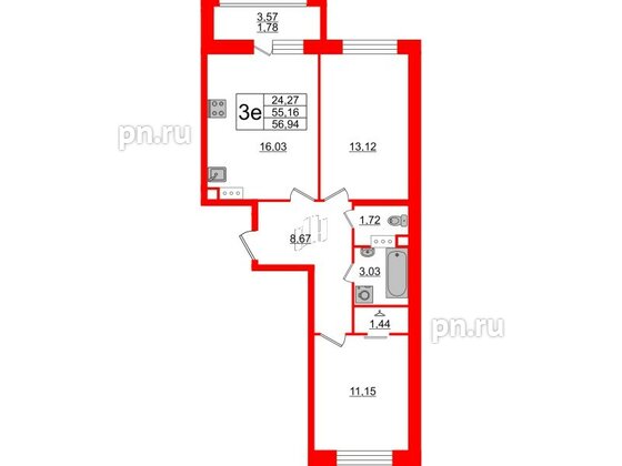 Квартира в ЖК Modum, 2 комнатная, 56.94 м², 4 этаж