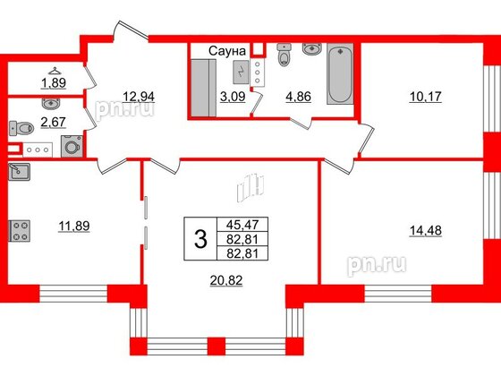 Квартира в ЖК Modum, 3 комнатная, 82.81 м², 3 этаж