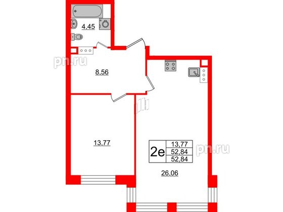 Квартира в ЖК Modum, 1 комнатная, 52.84 м², 3 этаж