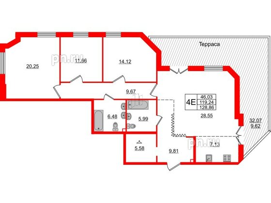 Квартира в ЖК Альтер, 3 комнатная, 129.4 м², 2 этаж