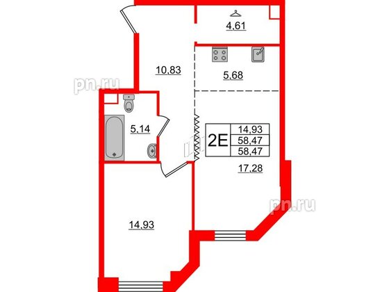 Квартира в ЖК Альтер, 1 комнатная, 58.47 м², 3 этаж