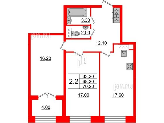 Квартира в ЖК GRAND VIEW, 2 комнатная, 68.2 м², 2 этаж