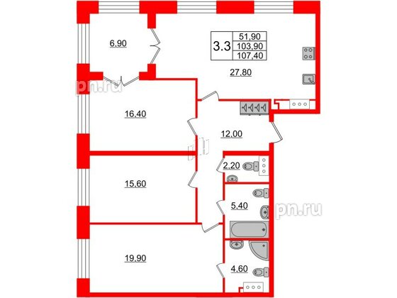 Квартира в ЖК GRAND VIEW, 3 комнатная, 103.9 м², 8 этаж