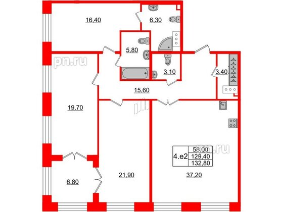 Квартира в ЖК GRAND VIEW, 3 комнатная, 129.4 м², 1 этаж