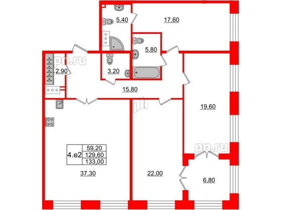 Квартира в ЖК GRAND VIEW, 3 комнатная, 129.6 м², 2 этаж