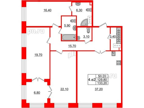 Квартира в ЖК GRAND VIEW, 3 комнатная, 129.8 м², 2 этаж