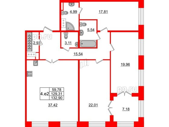 Квартира в ЖК GRAND VIEW, 3 комнатная, 129.5 м², 6 этаж