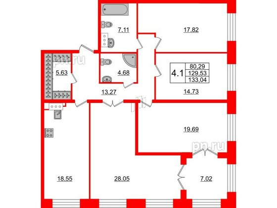 Квартира в ЖК GRAND VIEW, 4 комнатная, 129.4 м², 1 этаж