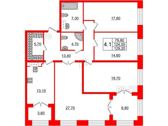 Квартира в ЖК GRAND VIEW, 4 комнатная, 124 м², 5 этаж