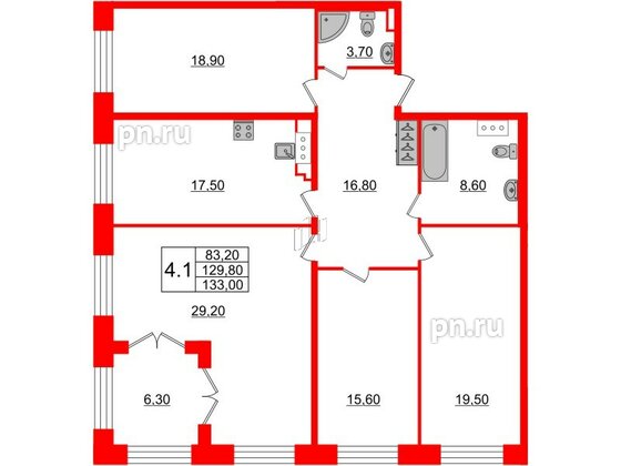 Квартира в ЖК GRAND VIEW, 4 комнатная, 129.8 м², 5 этаж