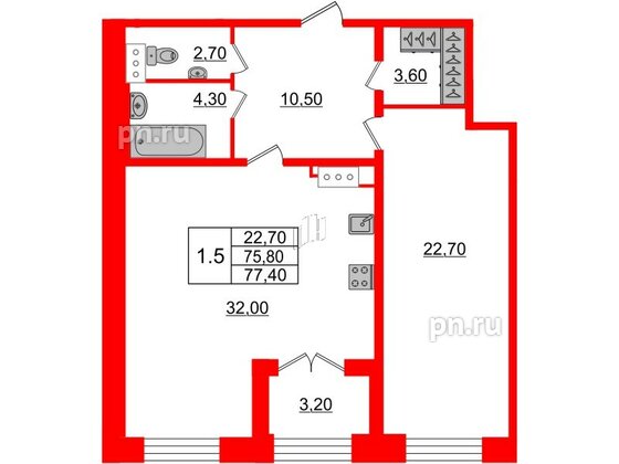 Квартира в ЖК GRAND VIEW, 1 комнатная, 75.8 м², 1 этаж