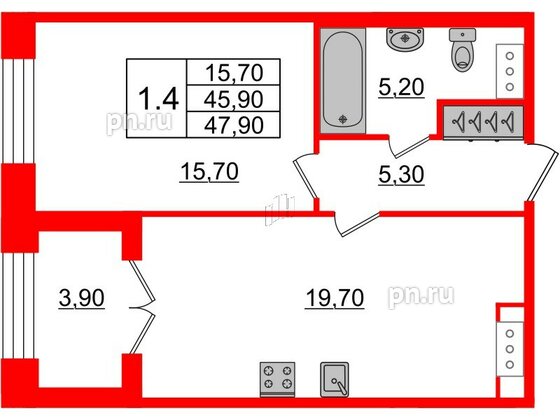 Квартира в ЖК GRAND VIEW, 1 комнатная, 45.9 м², 4 этаж