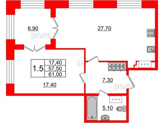 Квартира в ЖК Grand View, 1 комнатная, 57.5 м², 3 этаж