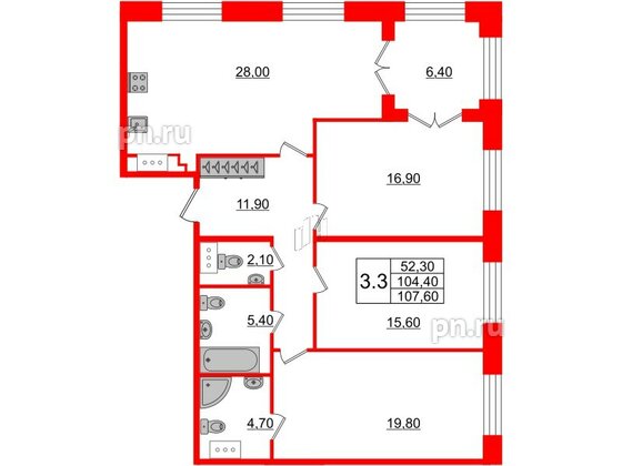 Квартира в ЖК GRAND VIEW, 3 комнатная, 104.4 м², 6 этаж