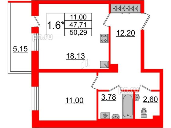 Квартира в ЖК «Солнечный город», 1 комнатная, 46.8 м², 1 этаж