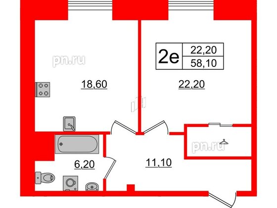 Квартира в ЖК Мадонна Бенуа, 1 комнатная, 58.1 м², 7 этаж