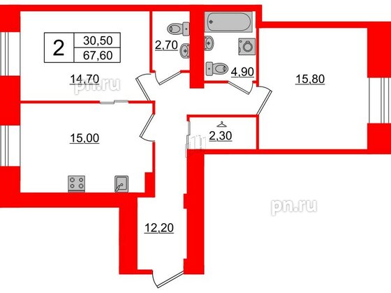 Квартира в ЖК Мадонна Бенуа, 2 комнатная, 66.17 м², 2 этаж