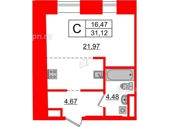 Апартаменты в ЖК «Мадонна Бенуа», студия, 32 м², 6 этаж