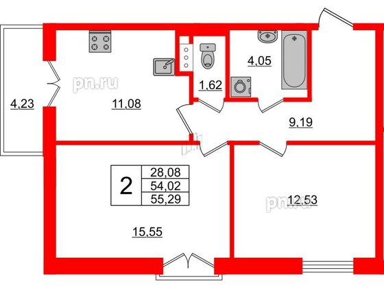 Квартира в ЖК Янила, 2 комнатная, 55.5 м², 8 этаж