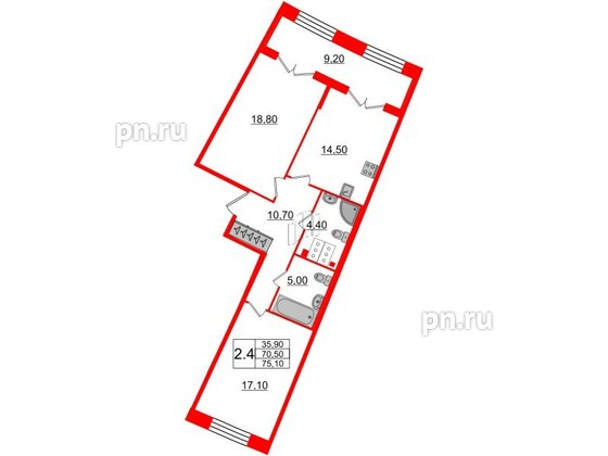 Квартира в ЖК GRAND VIEW, 2 комнатная, 70.5 м², 3 этаж