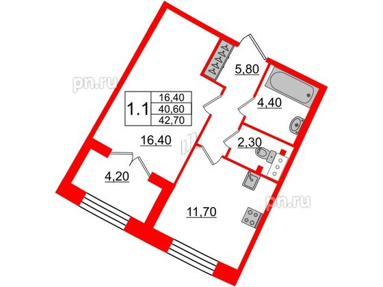 Квартира в ЖК GRAND VIEW, 1 комнатная, 40.6 м², 2 этаж