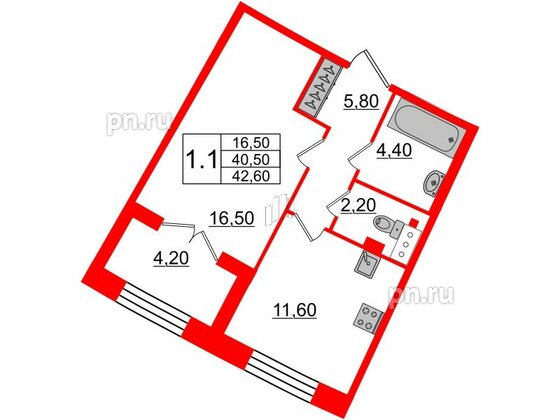 Квартира в ЖК GRAND VIEW, 1 комнатная, 40.5 м², 4 этаж