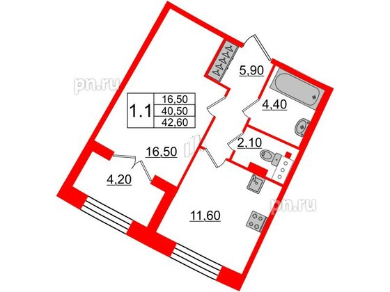 Квартира в ЖК GRAND VIEW, 1 комнатная, 40.5 м², 5 этаж