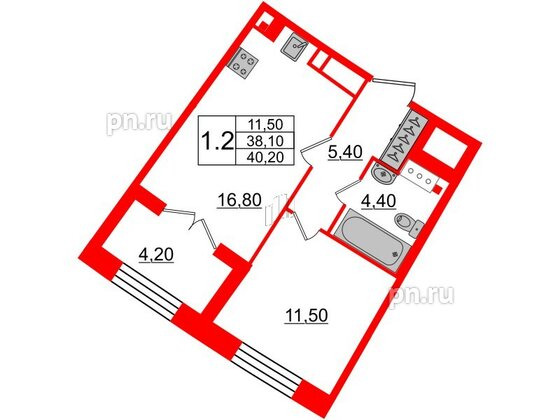 Квартира в ЖК «Grand View», 1 комнатная, 38.1 м², 3 этаж