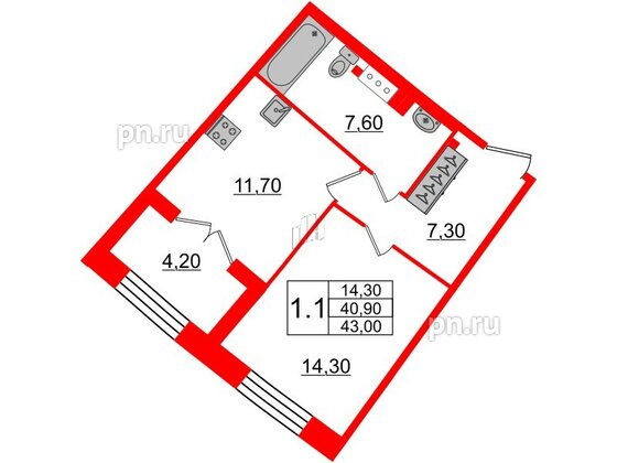 Квартира в ЖК GRAND VIEW, 1 комнатная, 40.9 м², 5 этаж