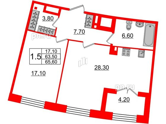 Квартира в ЖК GRAND VIEW, 1 комнатная, 63.5 м², 2 этаж