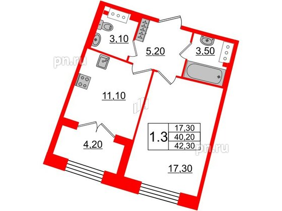 Квартира в ЖК GRAND VIEW, 1 комнатная, 40.2 м², 4 этаж