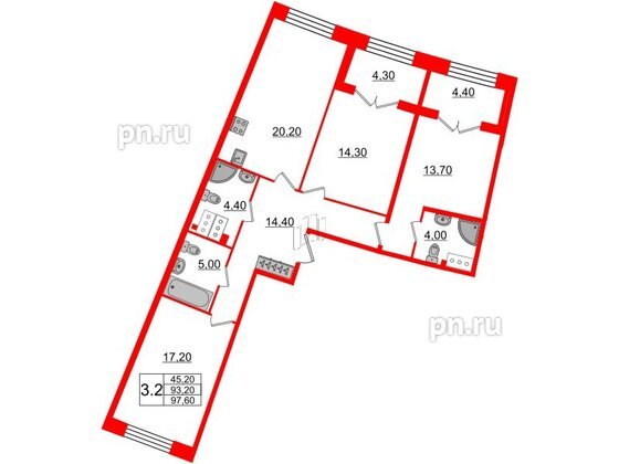 Квартира в ЖК GRAND VIEW, 3 комнатная, 93.2 м², 3 этаж