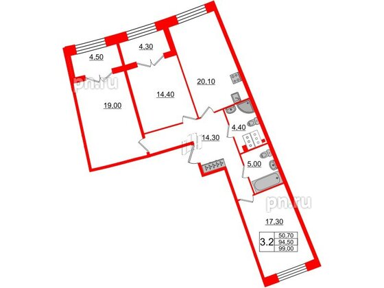 Квартира в ЖК GRAND VIEW, 3 комнатная, 94.5 м², 3 этаж