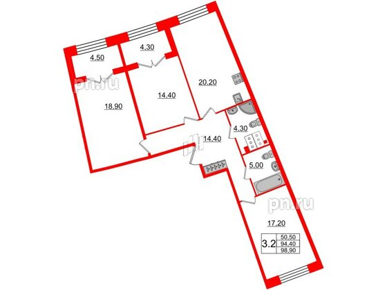 Квартира в ЖК GRAND VIEW, 3 комнатная, 94.4 м², 4 этаж