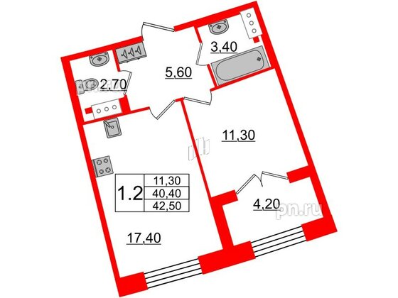 Квартира в ЖК GRAND VIEW, 1 комнатная, 40.4 м², 4 этаж