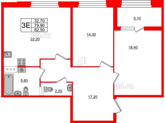 Квартира в ЖК 'Домино', 2 комнатная, 82.7 м², 4 этаж