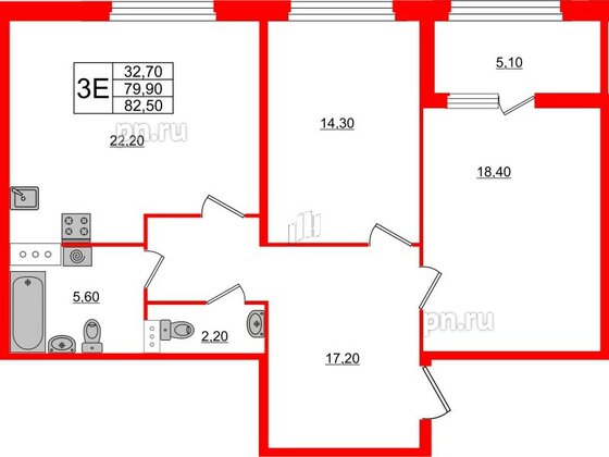 Квартира в ЖК 'Домино', 2 комнатная, 82.7 м², 5 этаж