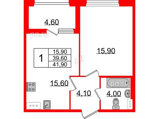 Квартира в ЖК 'Домино', 1 комнатная, 42 м², 5 этаж