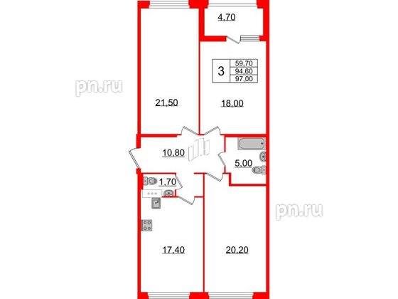 Квартира в ЖК 'Домино', 3 комнатная, 97.1 м², 9 этаж