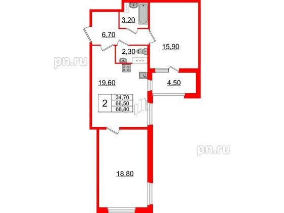 Квартира в ЖК 'Домино', 2 комнатная, 69.1 м², 10 этаж