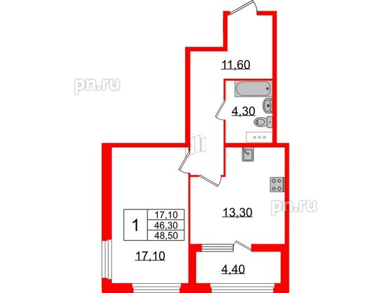 Квартира в ЖК 'Домино', 1 комнатная, 48.5 м², 7 этаж