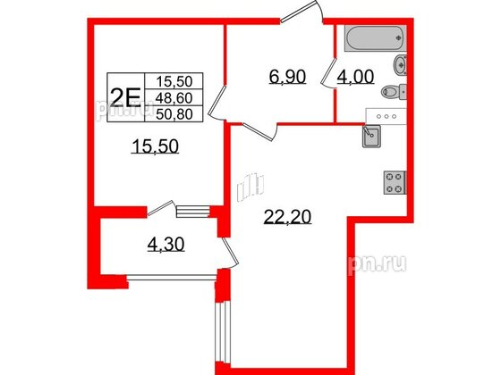 Квартира в ЖК 'Домино', 1 комнатная, 50.8 м², 7 этаж