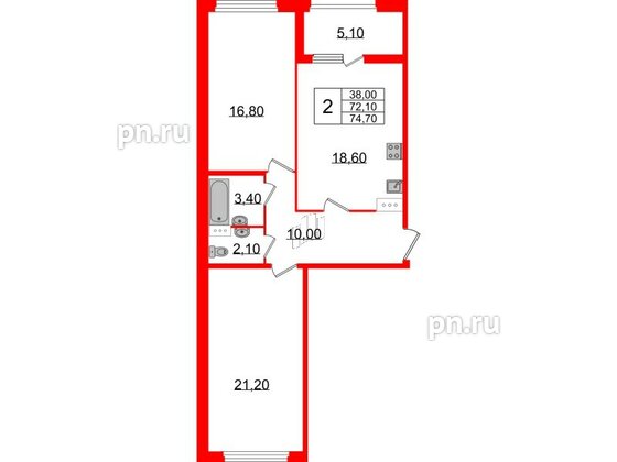 Квартира в ЖК 'Домино', 2 комнатная, 75.2 м², 5 этаж