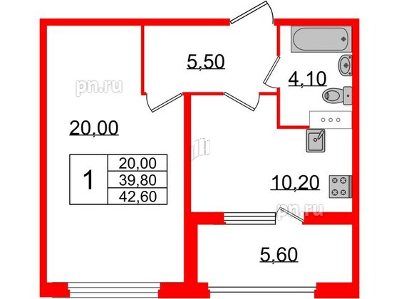 Квартира в ЖК 'Домино', 1 комнатная, 42.6 м², 9 этаж